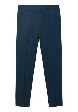 Skräddarsydda marinblå byxor gjorda av ett mjukt tyg. Har framsidor med fickor och en flat frontdesign. Slim fit med rak benklippning.