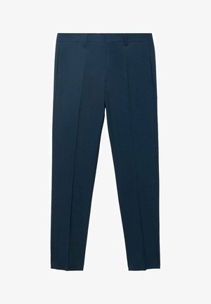 Maßgeschneiderte marineblaue Hosen aus glattem Stoff. Verfügt über Eingrifftaschen und ein flaches Vorderdesign. Schmale Passform mit geradem Bein.