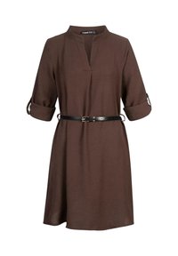 Braunes Kurzarmkleid mit einem Reverskragen, tailliert mit einem schwarzen Gürtel. Weicher Stoff und lässige Passform, bis zur Mitte des Oberschenkels.
