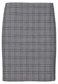 Svart och vit rutad blyertskjol med en figurnära design, slät textur och knälång längd med ett subtilt rutig mönster.