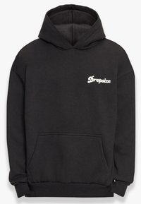 Schwarzer Kapuzenpullover aus weichem Material. Mit einer vorderen Tasche, gerippten Bündchen und dem weißen "Dropsize"-Logo auf der linken Brust.