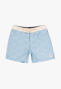 Bañador de color azul claro hecho de tela con un estampado floral, cinturilla elástica de color crema y un lazo en el frente. Cuenta con una etiqueta de la marca.