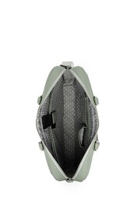 Grüne Lederhandtasche mit glatter Außenseite, Reißverschluss und Futter aus grauem Stoff mit gepunktetem Muster. Verfügt über Innenfächer und Trageriemen.