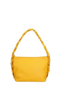 Borsa gialla in pelle con manico intrecciato, chiusura con zip e texture liscia. Design compatto, adatta per uso informale o formale.