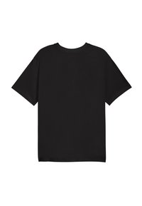 Simpel sort oversized T-shirt med korte ærmer og rund hals, vist fra bagsiden på en hvid baggrund.