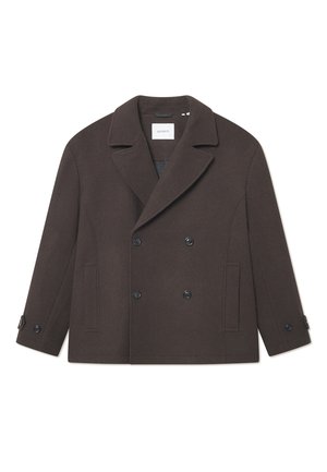 Dark brown double-breasted coat made of textured wool blend. Features a wide collar, side pockets, and button accents on sleeves.