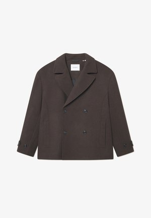 Abrigo marrón oscuro de doble faz hecho de una mezcla de lana texturizada. Presenta un collar ancho, bolsillos laterales y detalles de botones en las mangas.