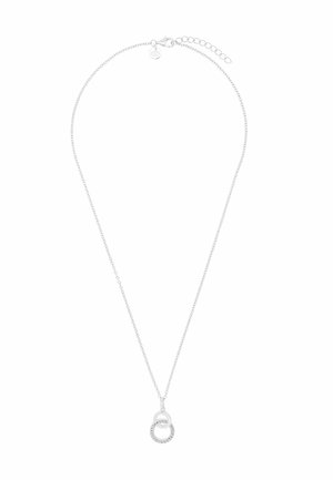 Silberne Kettenhalskette mit zwei ineinandergreifenden Kreisanhängern, einer davon mit kleinen Kristallen verziert, und einem verstellbaren Karabinerverschluss.