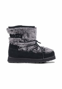 Schwarz-graue Kunstfell-Ankle-Boots mit Schnürdesign, weicher Textur und flacher schwarzer Sohle; mit einem Logo an der Oberseite.