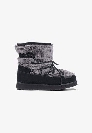 Black and gray faux fur ankle boot with a lace-up design, soft texture, and a flat black sole; features a logo on the upper.