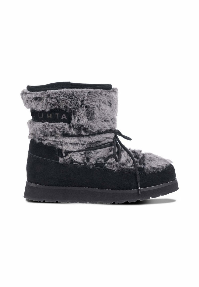 Black and gray faux fur ankle boot with a lace-up design, soft texture, and a flat black sole; features a logo on the upper.