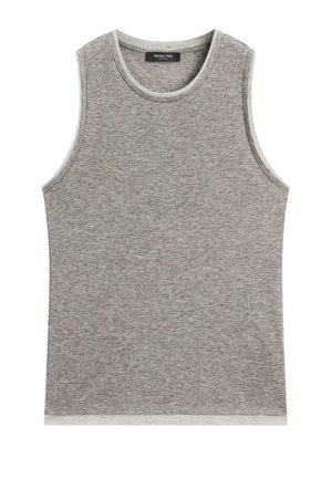 Grijze mouwloze tanktop van een zachte, lichte stof, met een ronde halslijn en contrasterende lichte bies rond de hals en armsgaten.