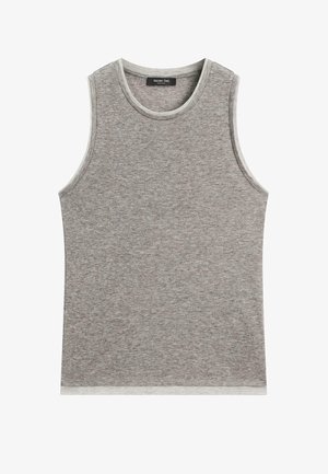 Graues ärmelloses Tanktop aus einem weichen, leichten Stoff mit einem runden Halsausschnitt und kontrastierenden hellen Abschlüssen am Hals und den Armlöchern.