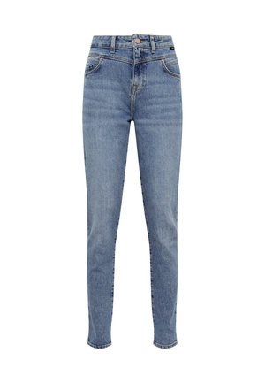 Light blue high-waisted jeans made of denim, featuring a slim fit, five-pocket design, and subtle whiskering along the front.