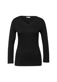 Černý dlouhý rukávový top s výstřihem do V a dvěma malými knoflíky vpředu. Látka působí měkce s hladkou texturou. Žádné viditelné vzory.