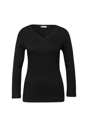 Schwarzes Langarmoberteil mit V-Ausschnitt und zwei kleinen vorderen Knöpfen. Der Stoff wirkt weich mit glatter Textur. Keine sichtbaren Muster.