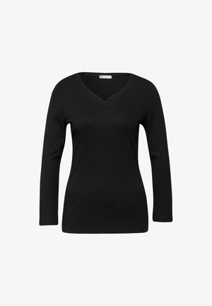 Schwarzes Langarmoberteil mit V-Ausschnitt und zwei kleinen vorderen Knöpfen. Der Stoff wirkt weich mit glatter Textur. Keine sichtbaren Muster.