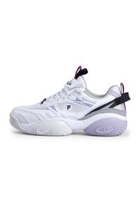 White athletic shoe with mesh fabric, purple accents, textured sole, and padded collar. Features a black pull tab on the heel.
