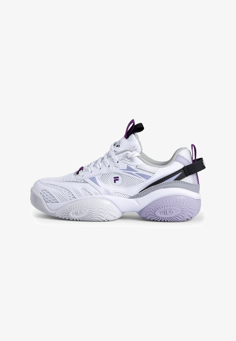 White athletic shoe with mesh fabric, purple accents, textured sole, and padded collar. Features a black pull tab on the heel.