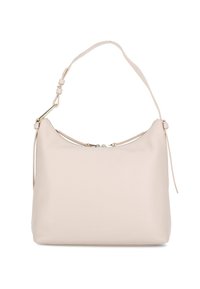 Borsa a mano in pelle beige con una forma semplice e arrotondata. Presenta una chiusura con zip, un manico regolabile e un logo discreto sulla parte anteriore.