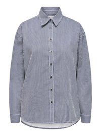 Chemise à manches longues avec boutons, rayures verticales bleu marine et blanc, col classique et boutons ronds argentés sur le devant.