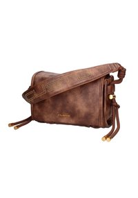 Borsa a tracolla in faux leather marrone con hardware dorato, include una tracolla regolabile, superficie testurizzata e chiusure decorative con laccio.