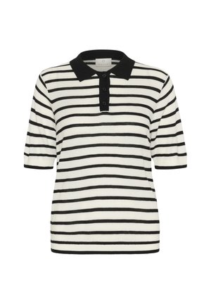 Pikétröja med svarta och vita horisontella ränder, kort ärm, svart krage, placket med tre knappar, tillverkad av strukturerad stickad material.