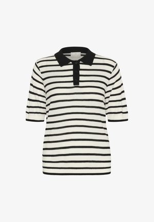 Poloshirt mit schwarz-weißen horizontale Streifen, kurzen Ärmeln, schwarzem Kragen, dreiknöpfiger Knopfleiste, aus strukturiertem Strickmaterial.