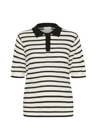 Polo shirt with black and white horizontal stripes, short sleeves, black collar, three-button placket, made of textured knit material.