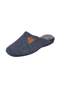 Zapatilla texturizada de color azul marino con parte superior de tejido, suela de goma y un acento de cuero marrón que presenta un detalle de logo triangular.