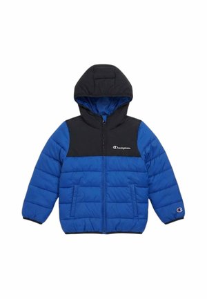 Giacca imbottita con cappuccio blu e nero con cerniera frontale, tasche laterali e logo Champion sul petto e sul polsino della manica sinistra.