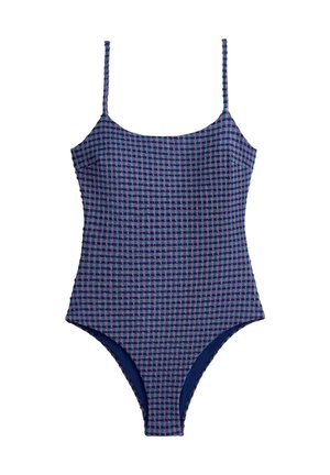 Blauw-paars geruite eendelig badpak met dunne schouderbandjes en een ronde halslijn op een witte achtergrond.