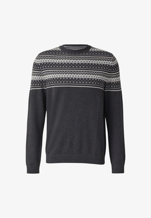 Donkergrijze crewneck trui met lange mouwen en witte, lichtgrijze en zwarte geometrische en zigzagpatronen over de borst en schouders.