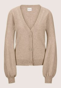 Beige Cardigan mit V-Ausschnitt, fünf Knöpfen und gerippten Bündchen. Mit Ballonärmeln und einer weichen Textur. Hergestellt aus gemütlichem Stoff.