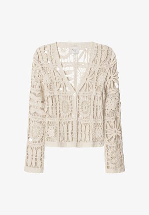 Cardigan all'uncinetto in crema con scollatura a V e chiusura con bottoni. Presenta modelli e texture intricate, che mettono in mostra motivi floreali e geometrici.
