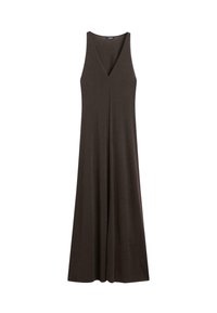 Ärmelloses dunkelbraunes Maxikleid mit tiefem V-Ausschnitt, oben eng anliegend und locker zum Saum fallend.