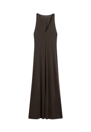 Mouwloze donkerbruine maxi-jurk met een diepe V-hals, aangesloten aan de bovenkant en losjes vallend tot aan de zoom.