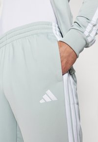 Jasnozielone spodnie sportowe z elastycznym paskiem, boczną kieszenią oraz białymi paskami i logo Adidas. Gładki materiał z delikatną teksturą.