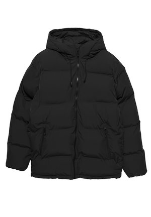 Giacca imbottita nera con cappuccio, caratterizzata da una cerniera frontale, due tasche laterali con zip, trama trapuntata e coulisse regolabili.