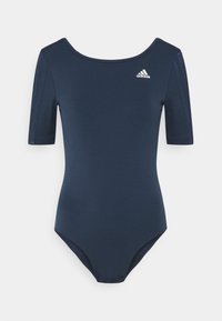 Bodysuit bleu marine à manches courtes en tissu lisse, doté d'un décolleté arrondi et d'un logo Adidas blanc sur la poitrine gauche.