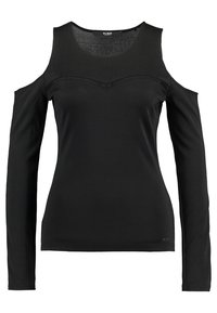 Black long-sleeve top with cold shoulder design, ribbed texture, and a curved neckline. Subtle seam detailing near the shoulders.