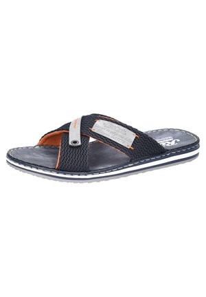 Navy mesh flip-flop with orange accents, a subtle logo patch, and stitched white sole. Crossed straps and textured footbed for comfort.
