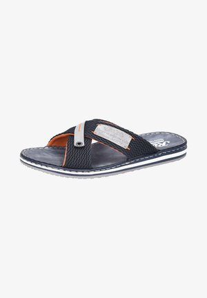 Navy mesh flip-flop with orange accents, a subtle logo patch, and stitched white sole. Crossed straps and textured footbed for comfort.