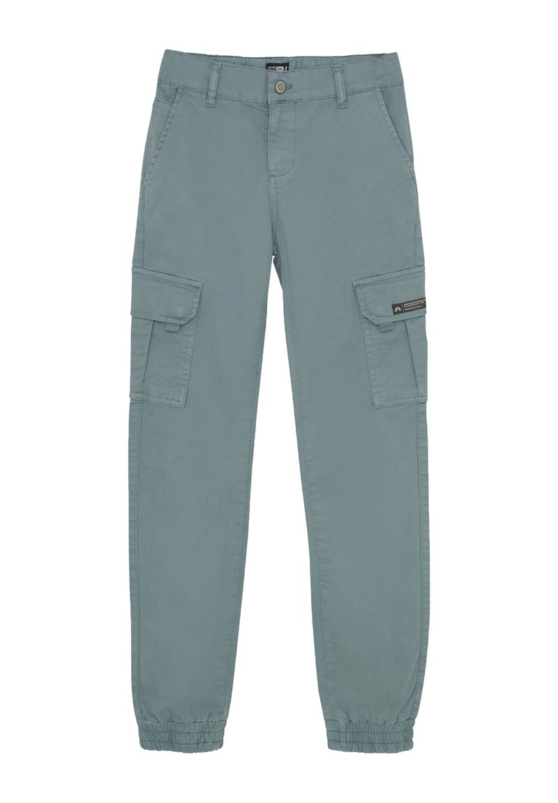 Ljusblå cargobyxor i bomull, med elastiska muddar, flera sidofickor och knäppning med knapp i midjan.