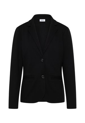 Blazer pour femmes noires avec deux boutons, revers en notch et deux poches plates à l'avant, étiqueté "CECIL" à l'intérieur du col.
