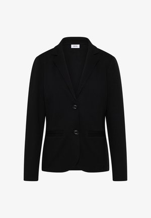 Blazer da donna nera con due bottoni, collo a revers e due tasche a filetto frontali, etichettato "CECIL" all'interno del colletto.