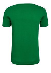 Green short-sleeve t-shirt made from cotton, featuring a round neckline, smooth fabric texture, and a relaxed fit with a rounded hem.