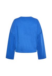 Lyhythihainen sininen collegepaita, jossa on pitkät hihat, pyöreä pääntie ja sileä pinta. Paita on yksinkertainen eikä siinä ole näkyviä kuvioita tai koristeita.