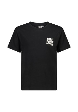 Zwarte katoenen t-shirt met een ronde hals, korte mouwen en een witte bedrukte logo op de linkerkant van de borst met de tekst "SURF FEVER CALIFORNIA."
