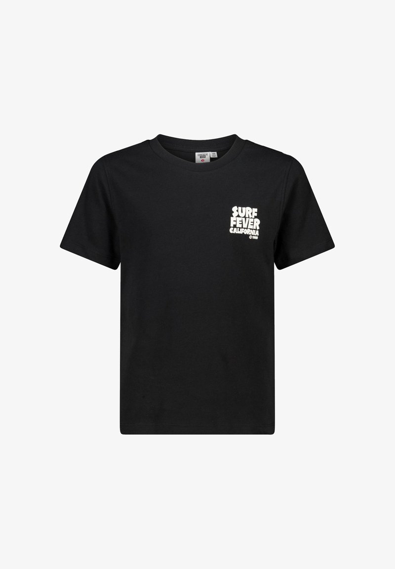 Zwarte katoenen t-shirt met een ronde hals, korte mouwen en een witte bedrukte logo op de linkerkant van de borst met de tekst "SURF FEVER CALIFORNIA."
